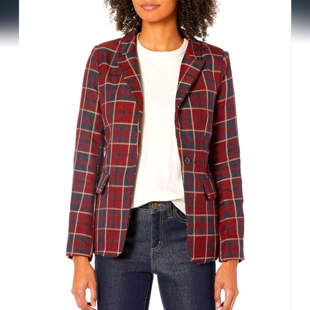 dollhouse Women's Fitted Blazer. Red/blue plaid, size M
